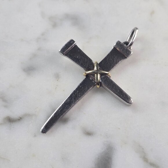 Jewelry - Vintage Sterling Silver & 14K Gold JM Religious Cross Nail Pendant 6.6g E4604